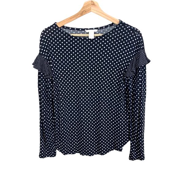 H&M Polka Dot Top Ruffle Flutter Long Sleeve Flounced Top Shirt S Blue White - Picture 2 of 7